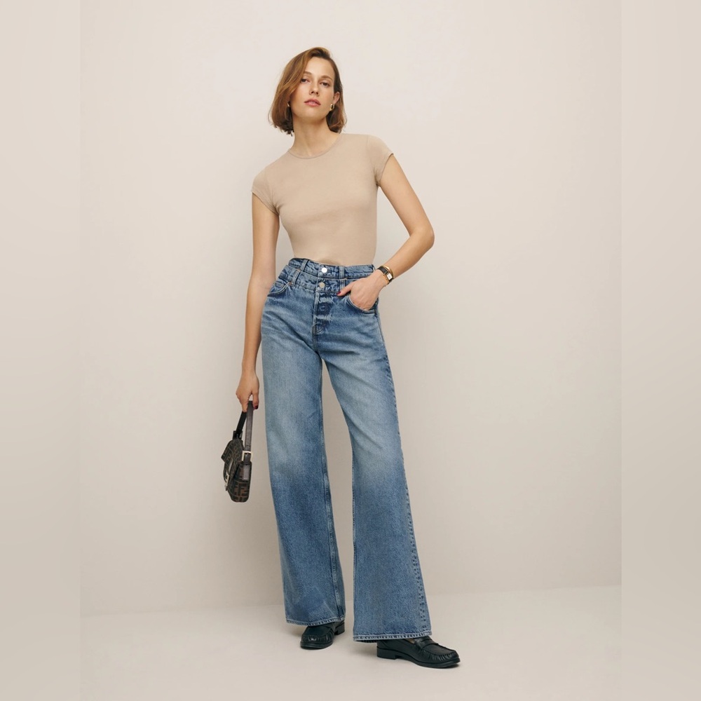 Reformation Cary Double Waistband High Rise Slouchy Wide Leg Jeans Rainy